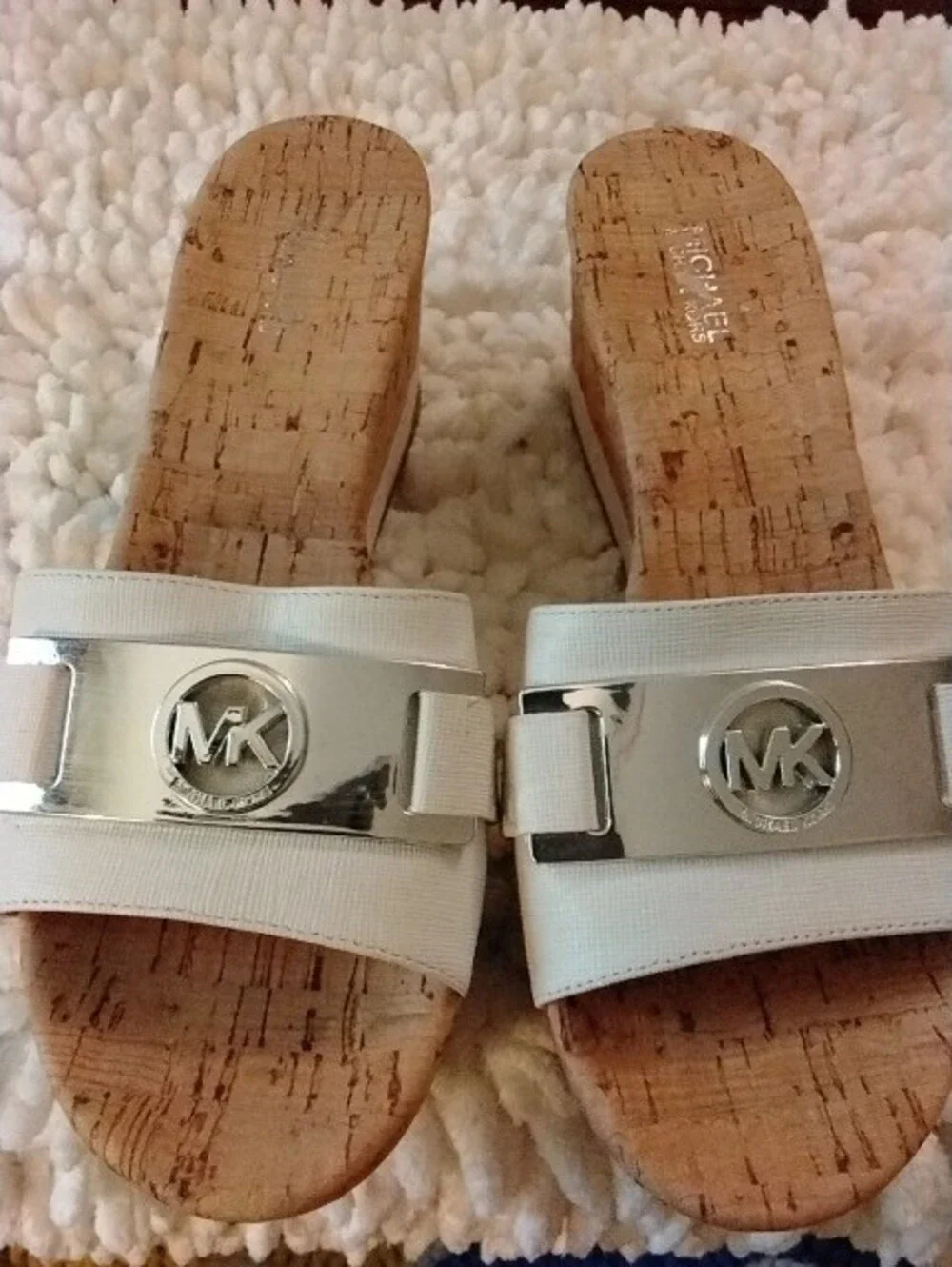 Michael Kors White Cork Slide Mules with Silver MK Emblem